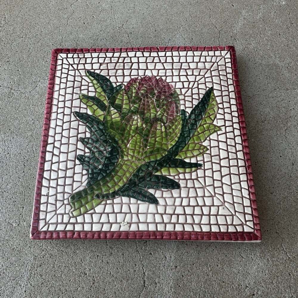 Vintage Pier 1 Hand Painted Artichoke Mosaic Tile from Italy Trivet Footed 6"x6"